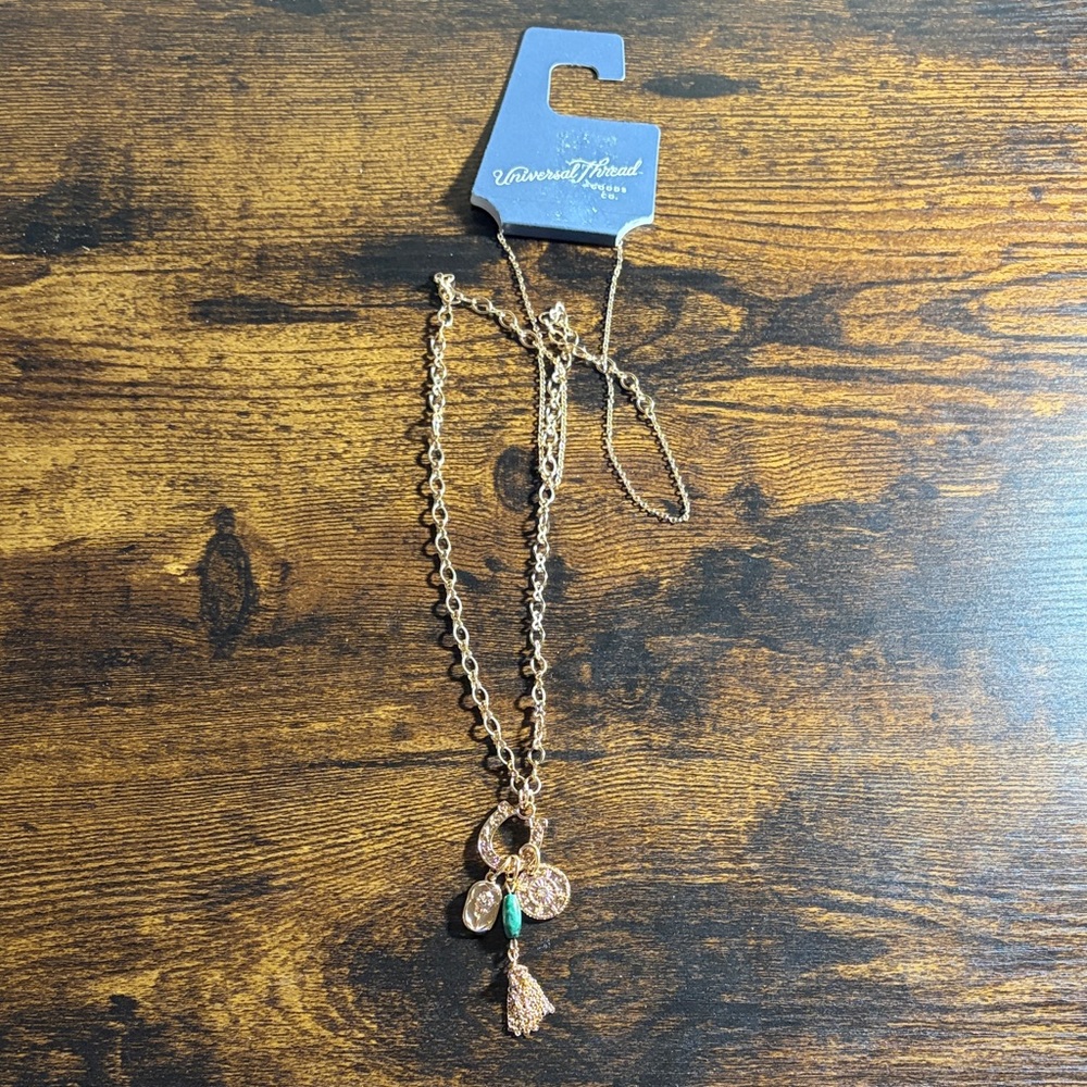 Universal Thread Gold-Tone Multi Charm Necklace with Green Accent